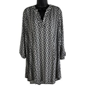 honeyme curvy Womens Black White Geometric Print Tunic Top XXL V-Neck 3/4 Sleeve